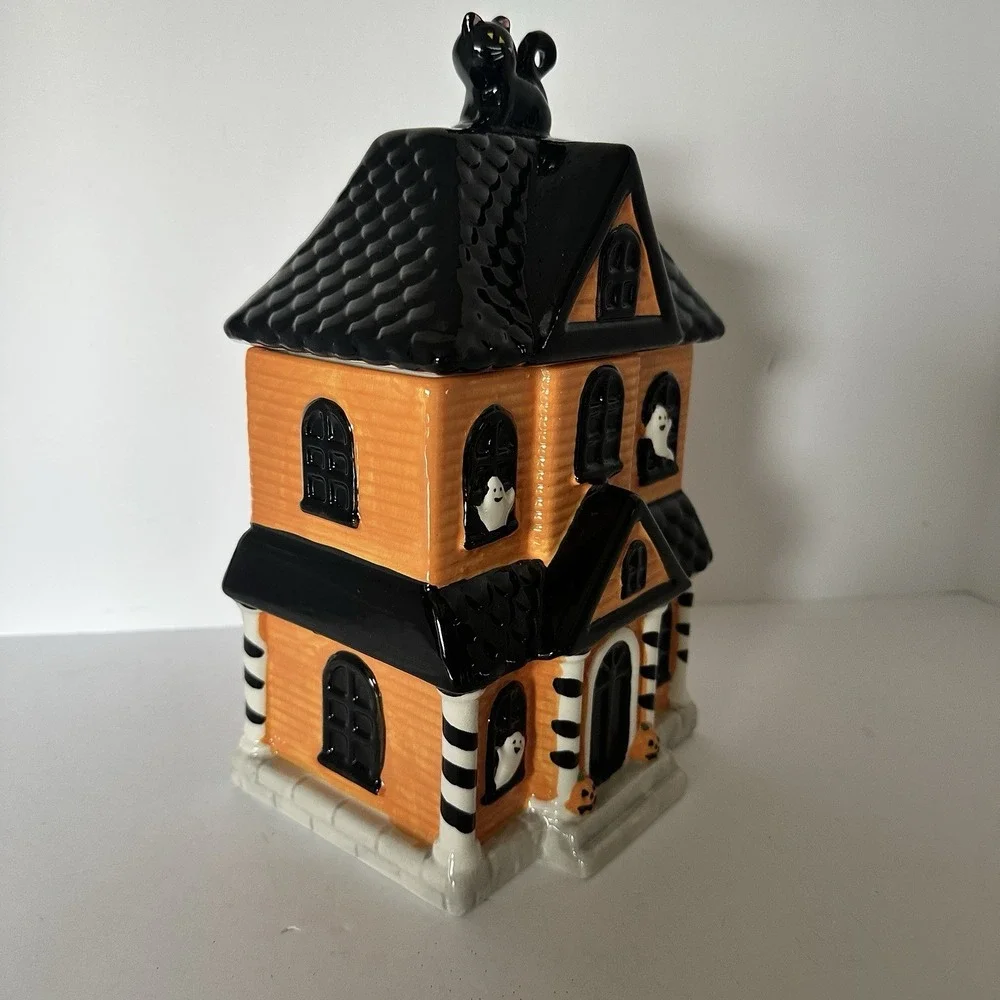 Jack Lantern Lane Haunted House Ghost Cat Halloween Ceramic Cookie Jar